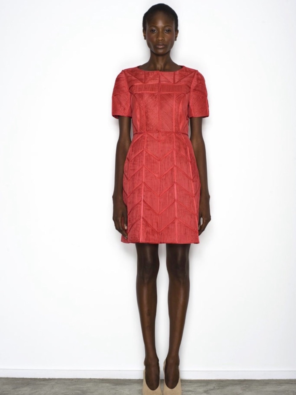 J. Mendel Spring 2009 Coral-Red Structured Short Sleeve Coat Dress